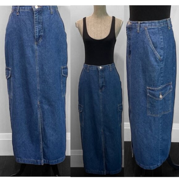 Cotton Ginny Denim Maxi Skirt Cargo Pockets Size Medium - Picture 1 of 16